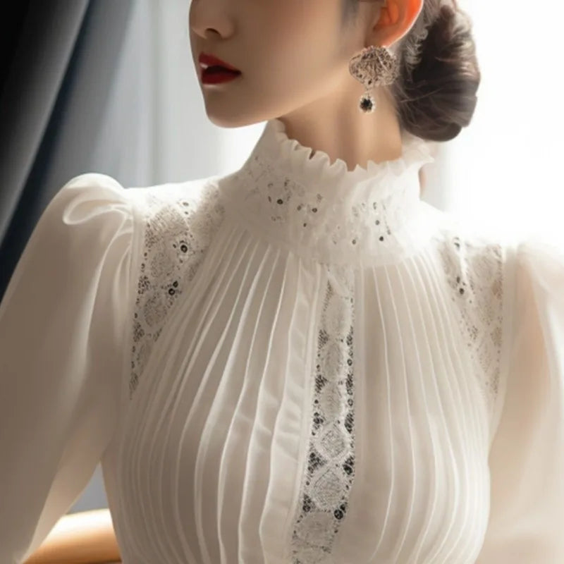 High Collar Blouse Women Blusas Femininas Elegantes Stand Tops Korean White Shirt 2025 Spring Slim Lady Clothes