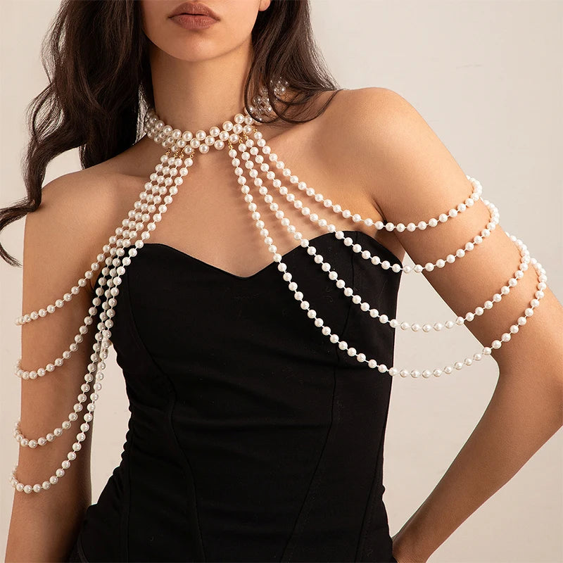 Boho Tassel Imitation Pearl Bridal Shoulder Chain Necklace for Women Elegant Shawl Jewelry Accessories Bridal Tassel Body Chain