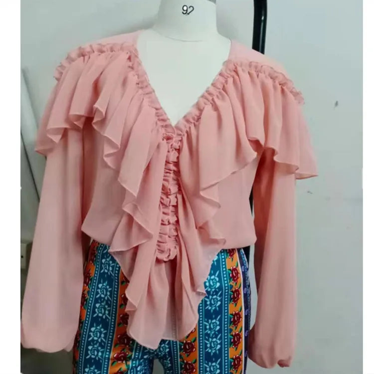 2024 Spring Autumn Elegant Ruffles Women Shirts Top Casual V Neck Long Sleeve Loose Female Solid Chiffon Blouses For Women Blusa clothes