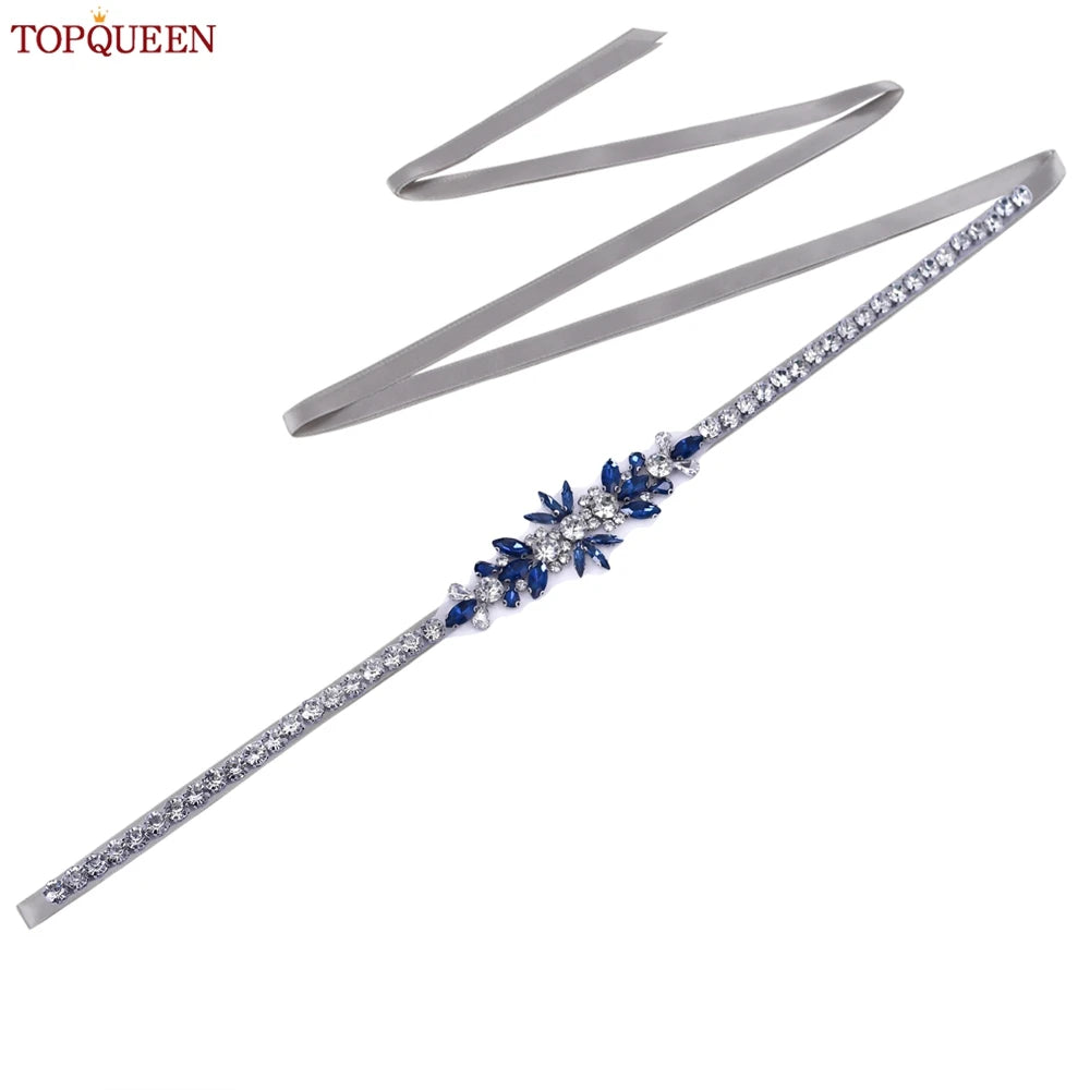 TOPQUEEN Blue Diamond Bridal Ribbon Belt Banquet Evening Dress Jewelry Sash Wedding Accessories Women Waist Decoration S166-ML