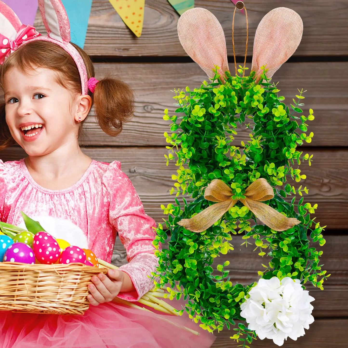 2025 New Easter Bunny Wreath Hanging Decorations Artificial Plants Rabbit Wreath Front Door Window Hanging Wreath Decorations