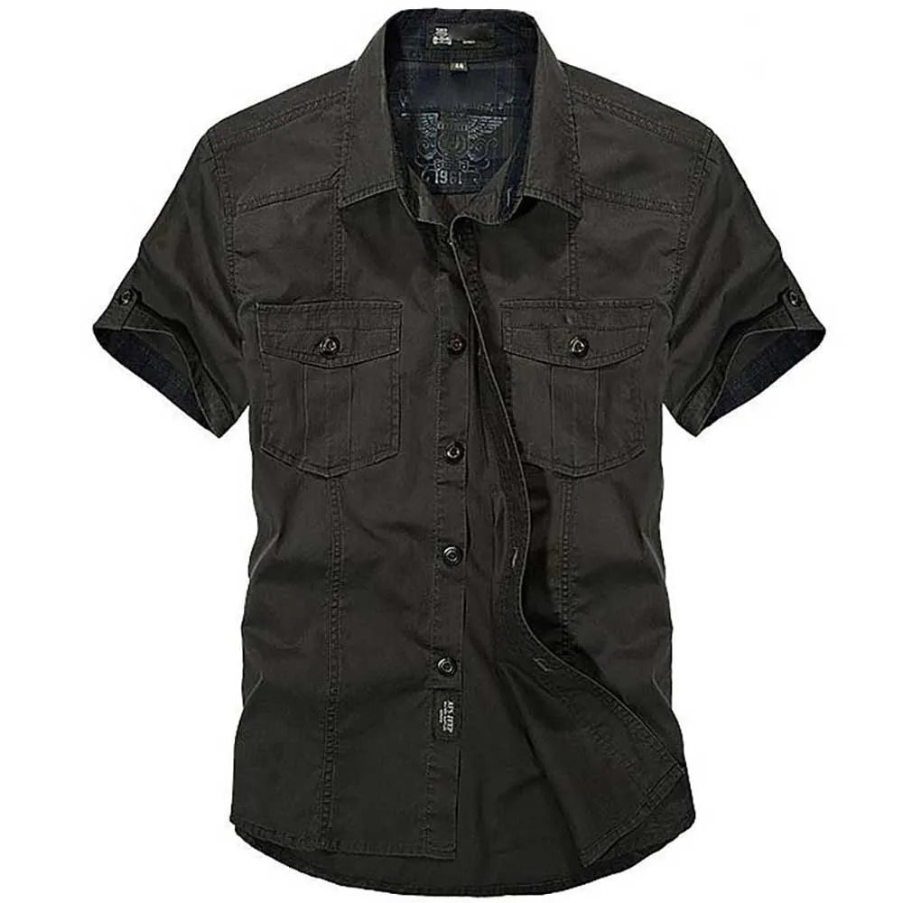 Summer Cotton Casual Shirts Men Loose Shirts Short Sleeve Turn-down Collar Military Style Male Tops mon