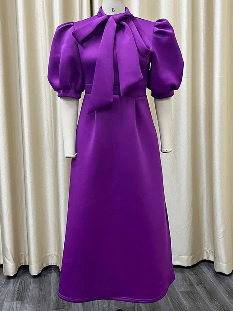 FairyShely 2025 Puff Short Sleeve Plus Size Dress Women Solid Bow Large Big Dresses Summer Lady O-Neck Party Tight Curvy Dress