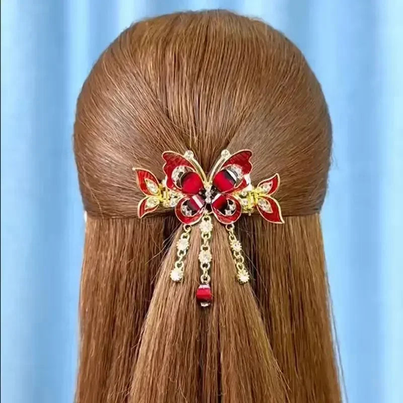 Fashion Zircon Butterfly Tassel Hairpin Accessories for Women Retro Ethnic Style Small Crab Clip Headwear Hair Clips for Girls