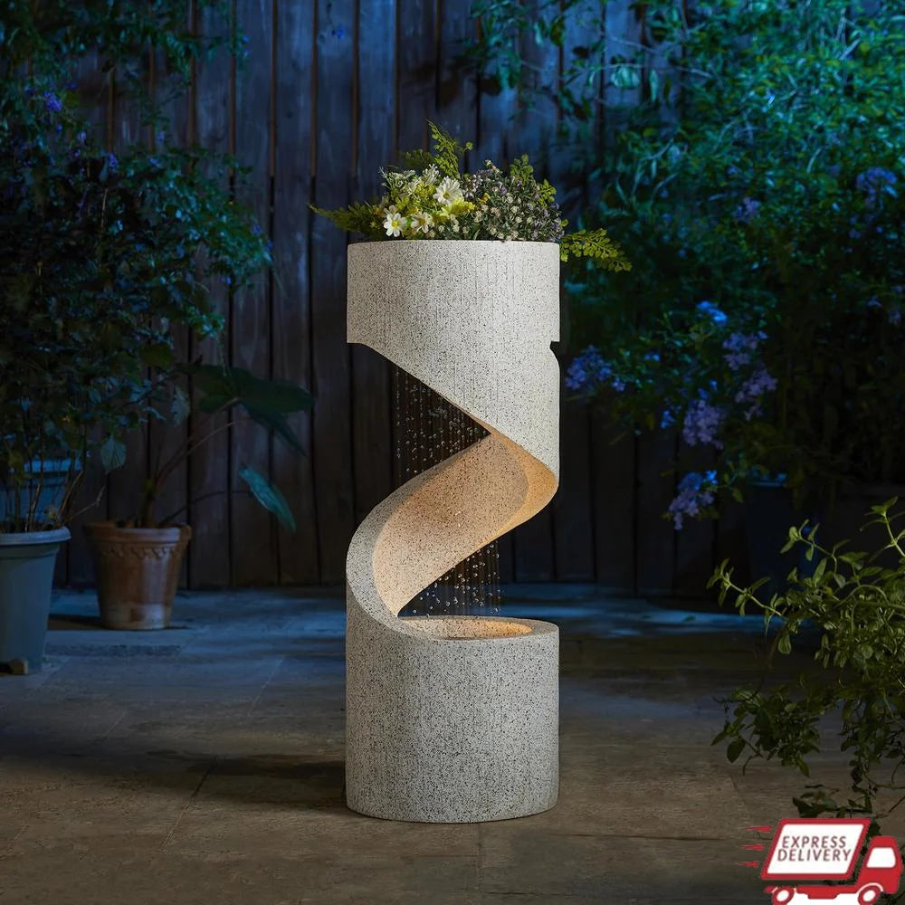 LED Outdoor Water Fountain Decorative Tiered Spiral Curved Waterfall Feature Planter Relaxing Sound Durable Resin Garden Accent