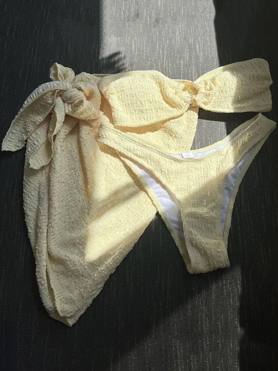 With Sarong Bandeau Strapless Wrinkled Bikini Women Swimwear Female Swimsuit Three-pieces Bikini set Bather Bathing Suit Swim