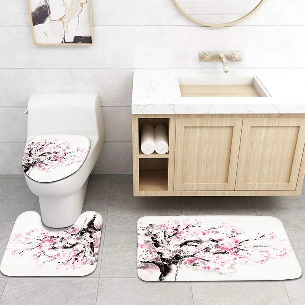 Japanese Cherry Blossom Shower Curtain Set Non-Slip Rug Toilet Lid Cover Bath Mat Spring Sakura Flower Pastoral Bathroom Curtain