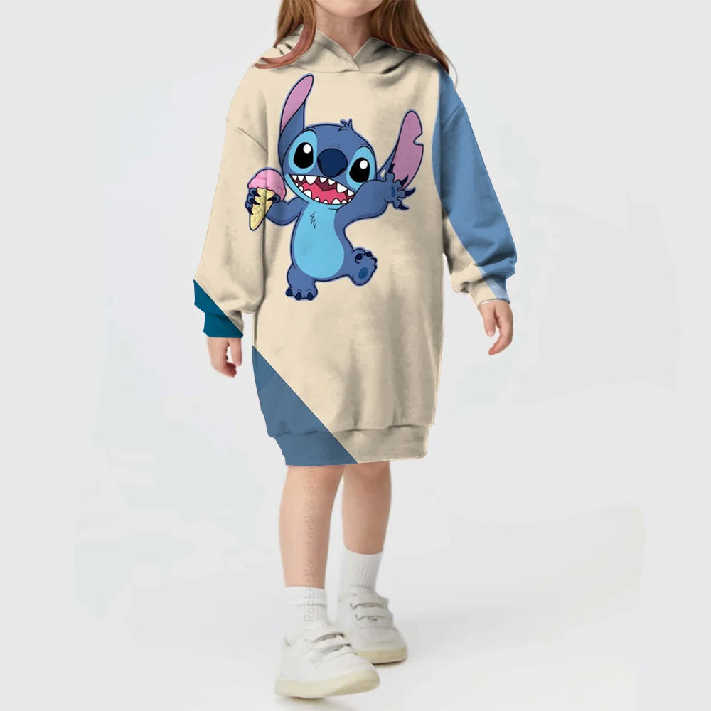 2024 Autumn and Winter Sweater Dress Christmas Disney Stitch Print Hoodie Dress Baby Girl Cute Fashion Hoodie Dress