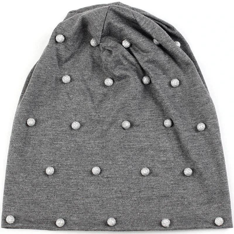 Geebro Women Spring Autumn Warm Soft Beanies Cotton Solid Color Fashion Skullies Hats With Silver Beads Accessories Caps Bonnet