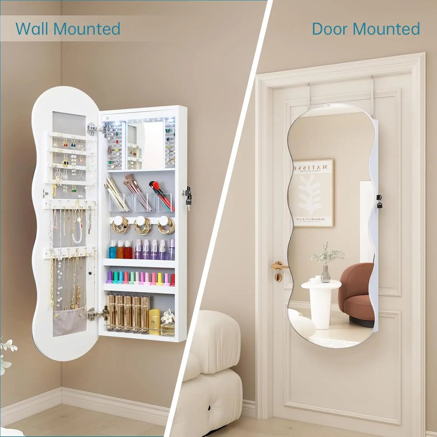 Jewelry Armoire Cabinet, Mirror LED Jewelry Cabinet Wall or Door Mounted Full-Length Lockable Wavy Mirror Jewelry Organizer, home improvement decoration !!!