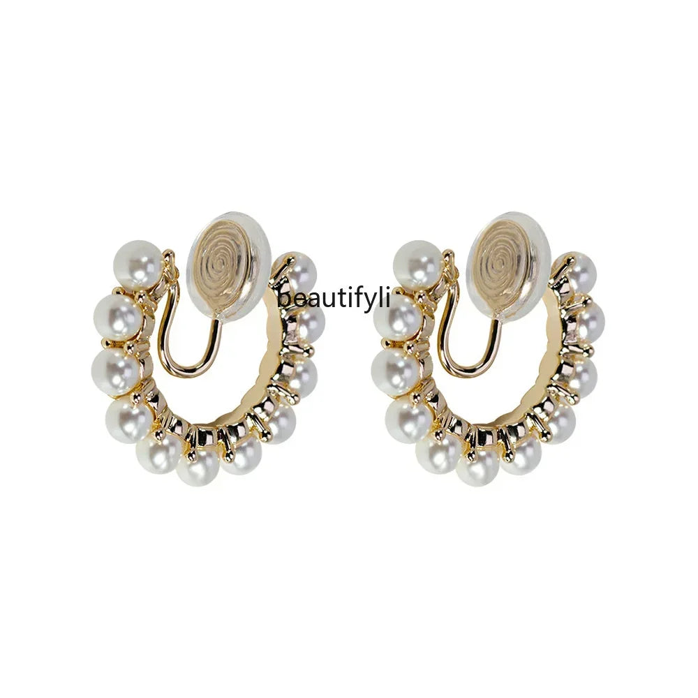 L11 yj Elegant Pearl C- Shaped Ear Clip Gentle High-Grade Silver Needle Ear Studs without Pierced Female Circle Earrings