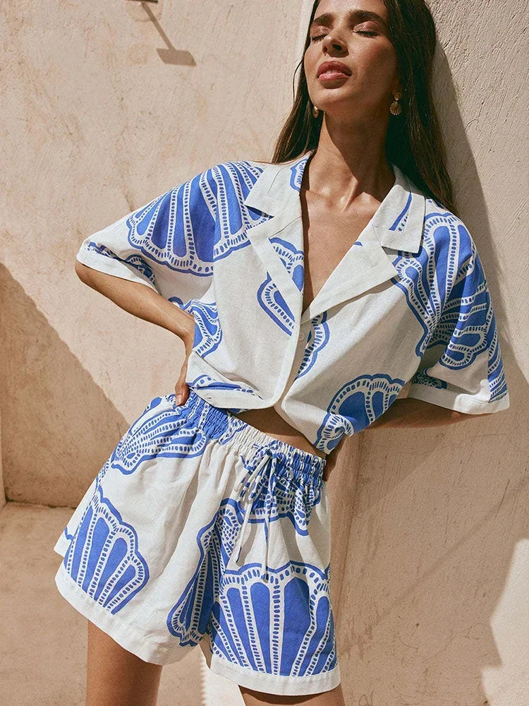 Casual Printed Lace Up Women Shorts Suits Turn-down Collar Single Breasted Shirt Mini Shorts 2025 Summer New Fashion Lady Sets