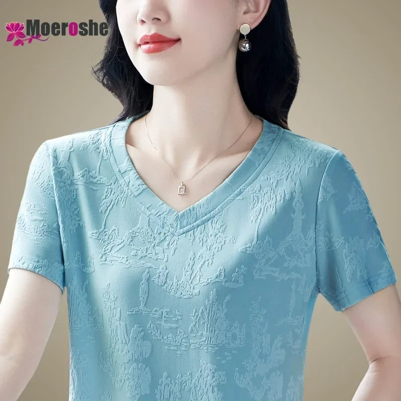 Summer Women's V-neck Slimming Short-sleeved T-shirts Fashion Luxury Clothing Tops Suit Clothes Dames Slimming and breathable