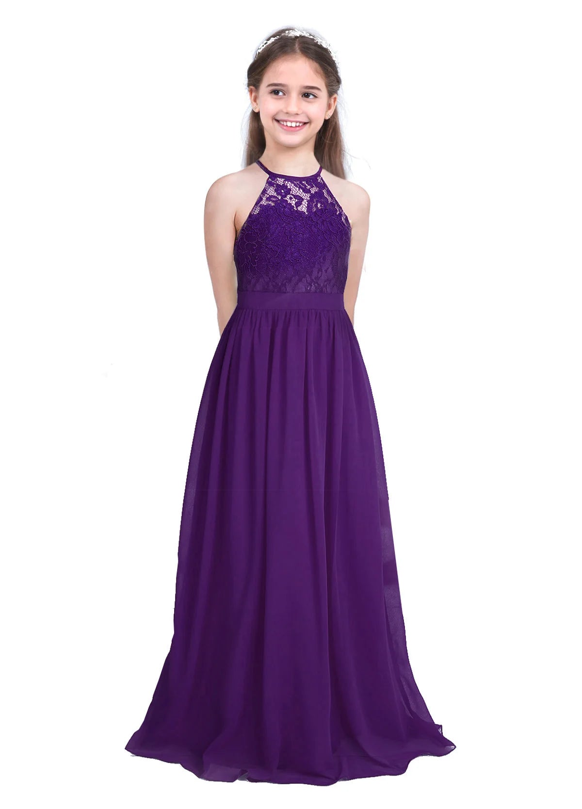 iiniim Kids Girls Vestido de festa Chiffon Dress Floral Lace Cutout Back Flower Girl Dress Elegant Summer Princess Party Dress