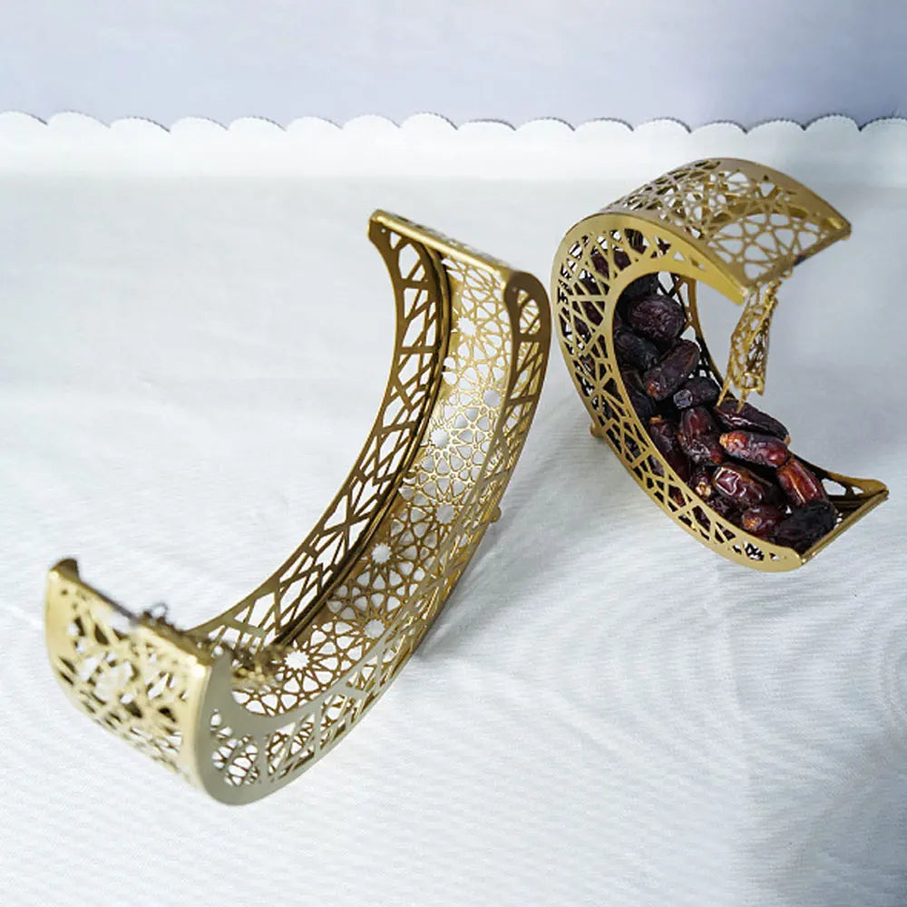 Golden Snack Tray Hollow Out Moon Star Shape Eid Mubarak Serving Platter Muslim Ramadan Nuts Plate