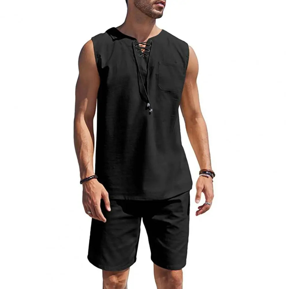 T-shirt Shorts Set Men's Sportswear Set Sleeveless V Neck Vest Elastic Waist Shorts with Patch Pockets Breathable Quick for Men mon
