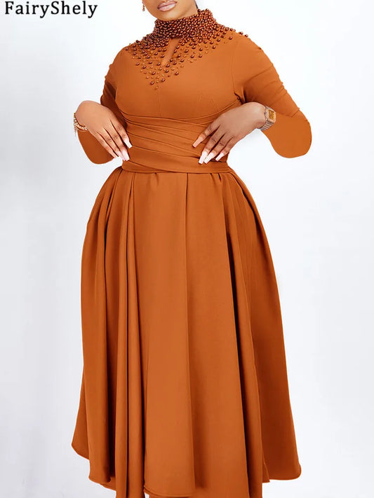 FairyShely 2025 Solid Long Sleeve Plus Size Long Dress Women Hollow Large Big Dresses Lady Cross Push Up Party Tight Curvy Dress