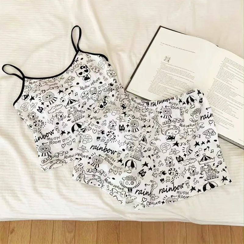 Hello Kitty Tank Nightgown Women Trunks 2pcs Pajama Set Kawaii Girl Summer with Bra Pads Comforts Loungewear Clothing Gift clothes