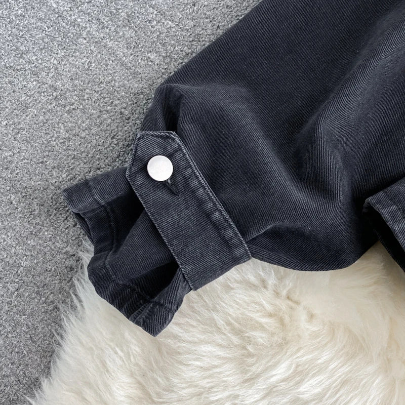 Vintage Pearl Beaded Black Denim Outerwear Women Autumn Elastic Waist V-neck Long Sleeve Korean Irregular Hem Short Jeans Jacket