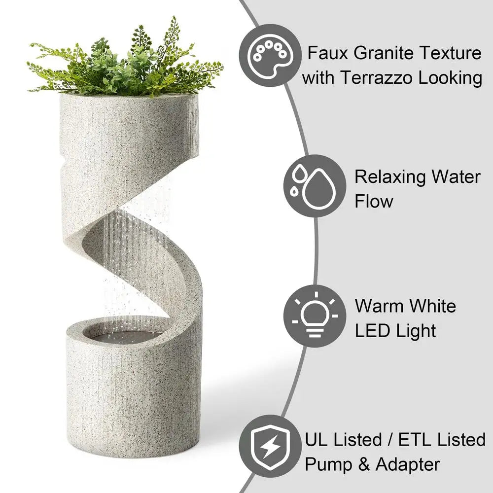 LED Outdoor Water Fountain Decorative Tiered Spiral Curved Waterfall Feature Planter Relaxing Sound Durable Resin Garden Accent