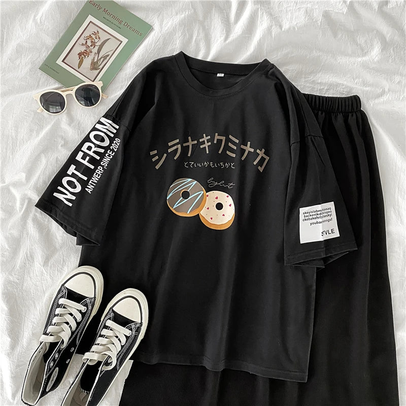 preppy style women Two Piece Set Outfit summer short Sleeve letters Tops & dress suits casual loose t-shirts + skrit woman sets