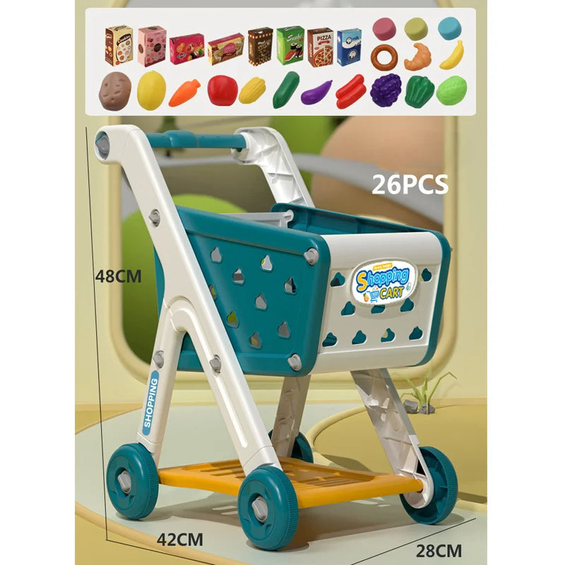 WizKidz Kids Shopping Cart Toy Grocery Trolley With Pretend Play Food Set Supermarket Playset Accessories For Toddlers Aged 3+
