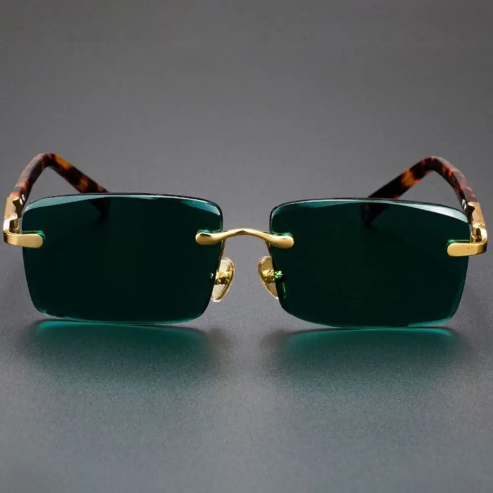 Retro Frameless Men's Sunglasses Green Crystal Stone Leopard Print Cycling Goggles Metal UV Protective Driving Sun Glasses 2025