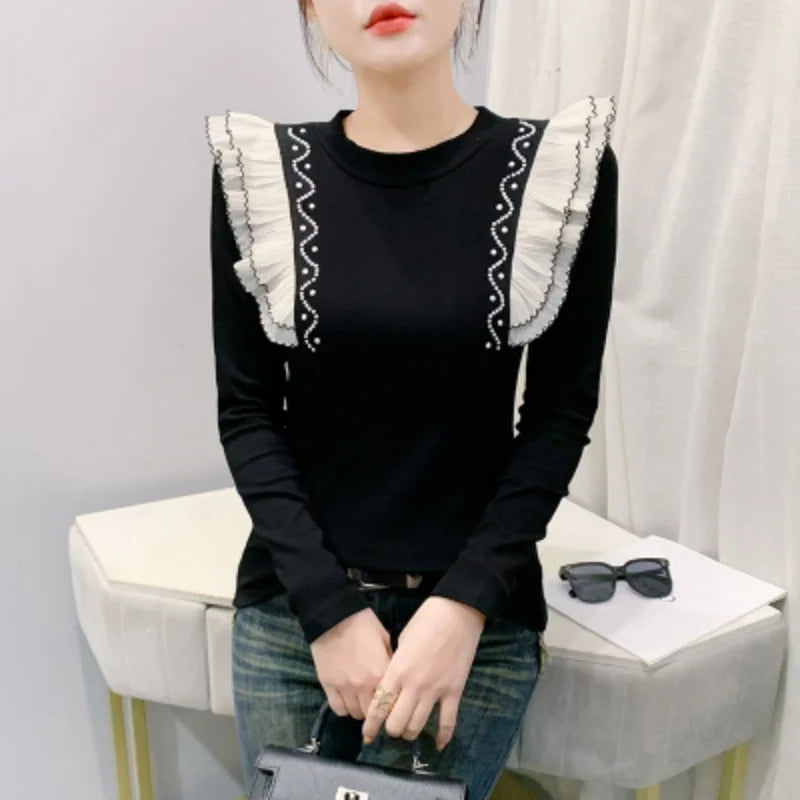 2025 New European Clothes Women Cotton T-shirt Chic O-Neck Patchwork Ruffles Diamonds Beading Tops Spring Long Sleeve Tees