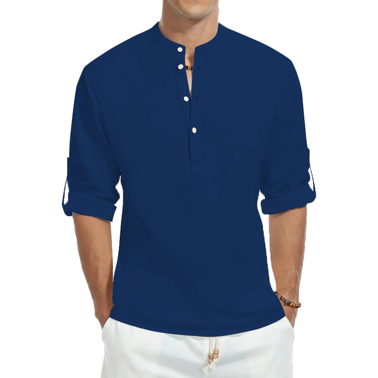 Freizeithemden, lockere Herrenhemden aus Baumwolle, modische Langarm-T-Shirts mit Stehkragen in Volltonfarbe, schöne Slim-Fit-Oberteile