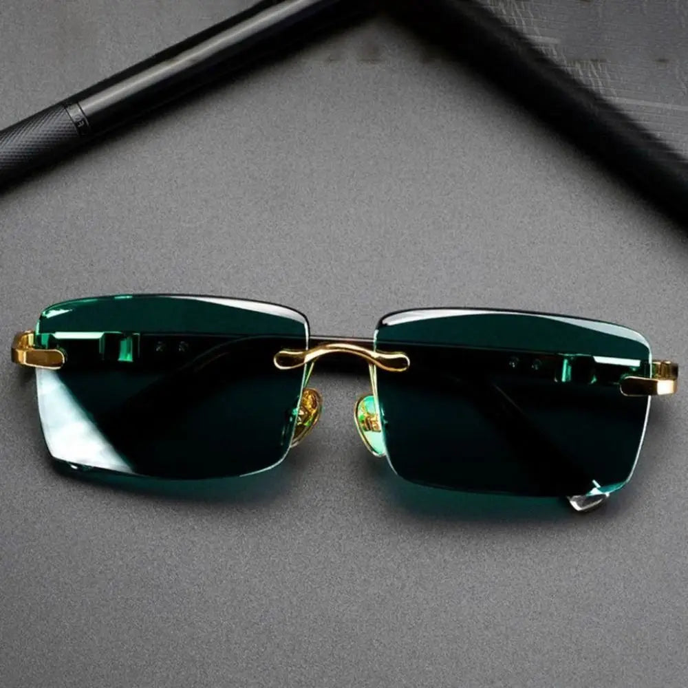 Retro Frameless Men's Sunglasses Green Crystal Stone Leopard Print Cycling Goggles Metal UV Protective Driving Sun Glasses 2025
