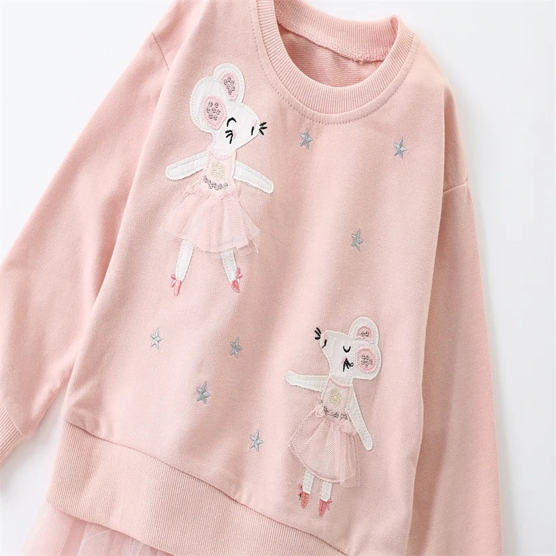 Springen Meter Neue Ankunft 2-7T Mädchen Baby Kleidung Maus Applique Mädchen Sweatshirts Kleinkind Kostüm Mesh Mit Kapuze Shirts