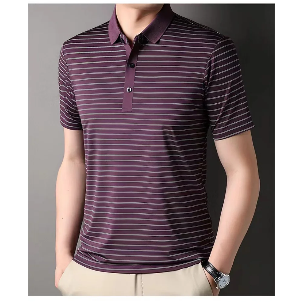 Men's Polo Shirts Korea Man Golf Shirts Summer Striped Print Button Clothing Business Style Male Streetwear Short Sleeve T-Shirt
