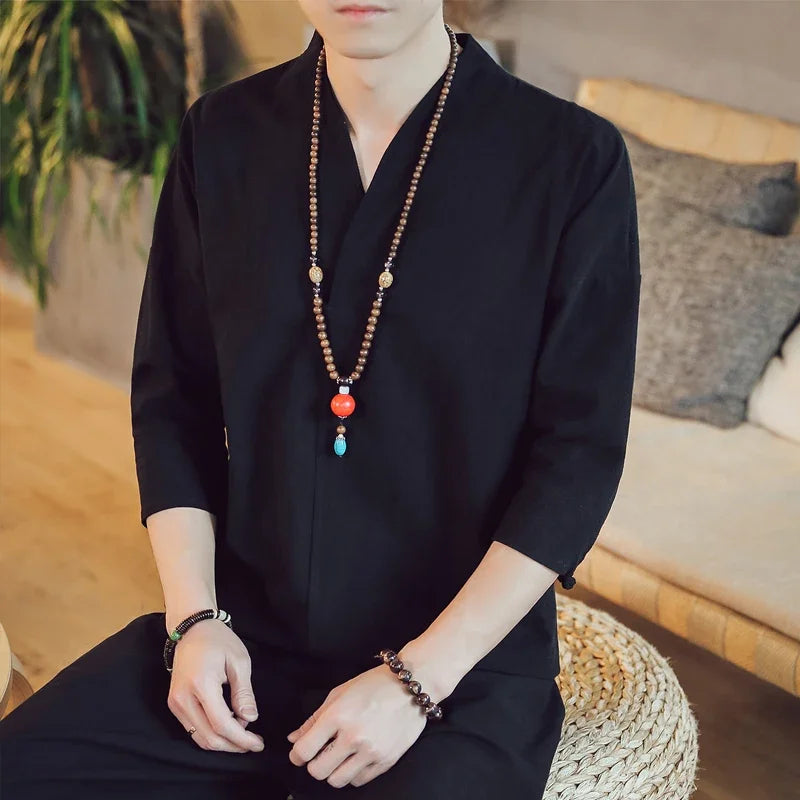 Summer Short Sleeve Men New Half-sleeved Cotton Linen Breathable Men Clothing T-shirt Tops - mon