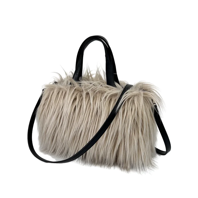 Designer Fluffy Plush Shoulder Bag Warm Faux Mongolian Fur HandBags for Women Brands Large Hobo  Shopper Heart Shaped Purses