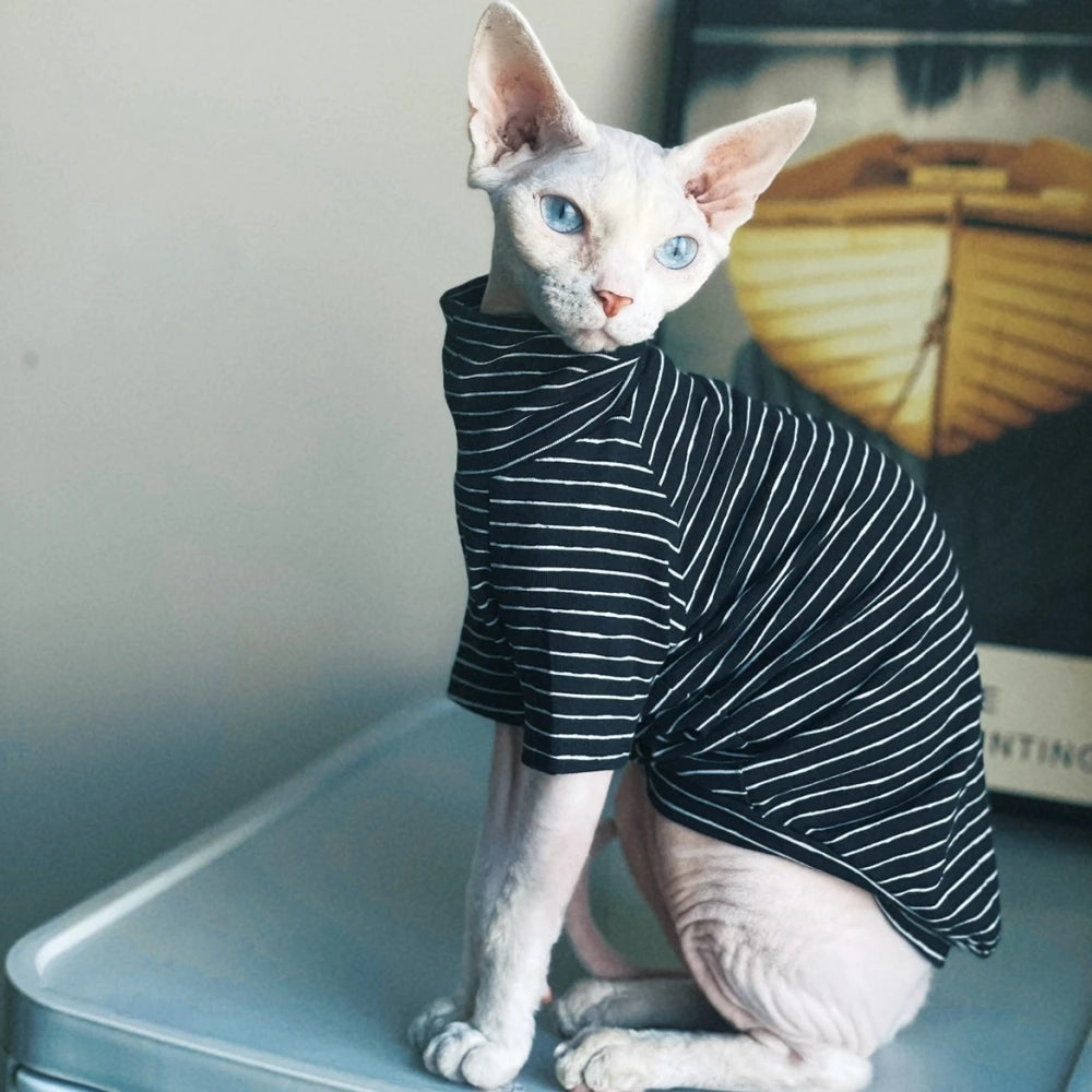 Clothing for Cat Spring Warm Striped Cotton T-Shirt Long Sleeves Coat for Sphynx Soft Green Black Jumpsuit for Kittens in Autumn
