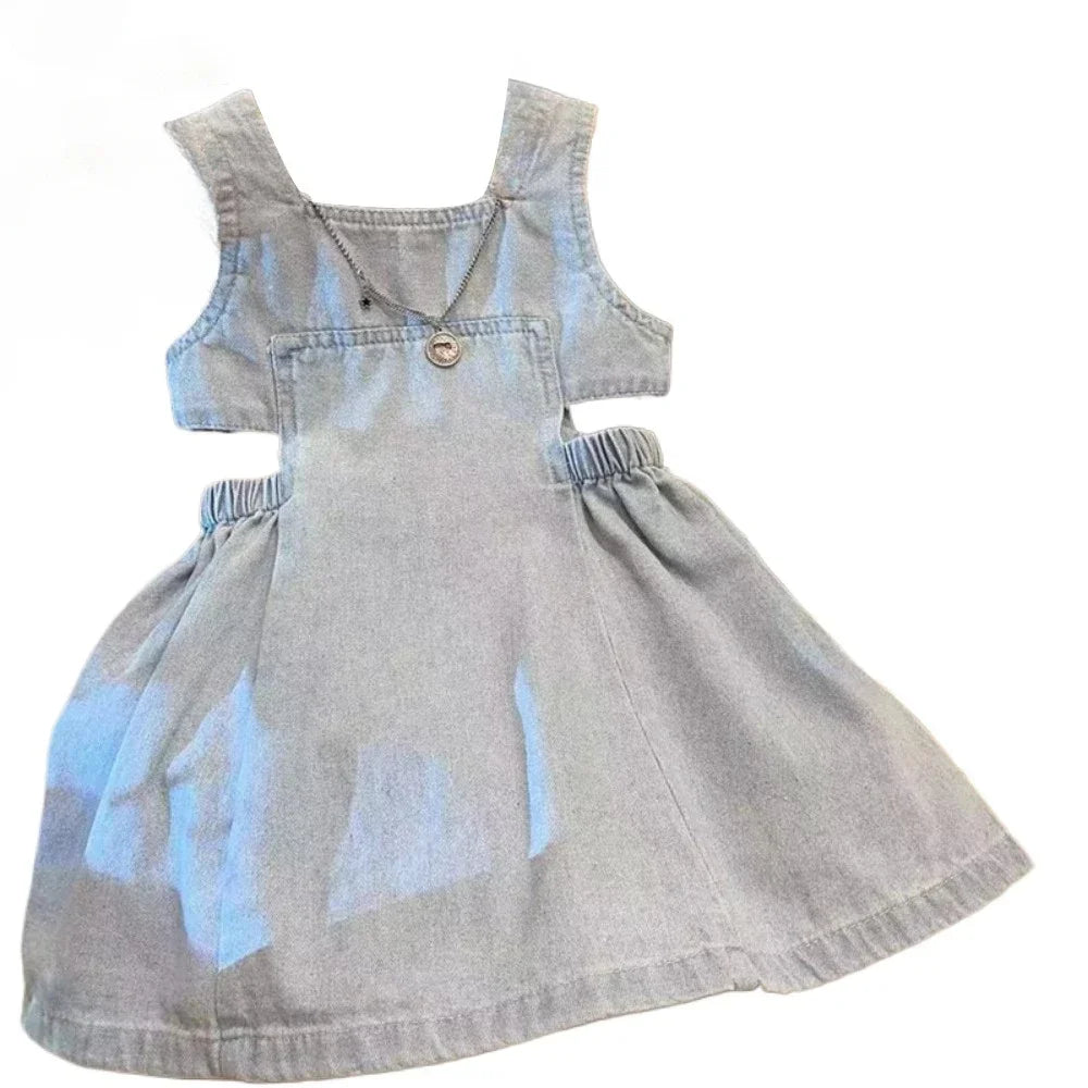 2-7 Years Old Blue Hollowed Out Denim Square Neck Camisole Dress Solid Color Korean Kids Clothes Summer New Girls Casual Dresses