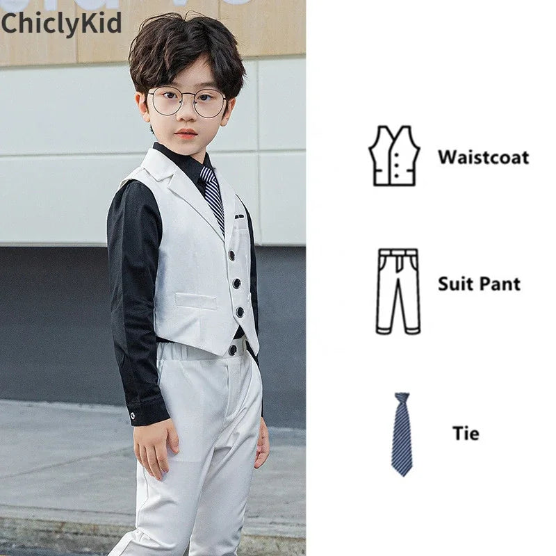 Boy Plaid Vest Blazer Kids Waistcoat Wedding Clothes Set Toddler Formal Dress Suit Child Brooch Shirt Pant Baby Gentlemen Outfit