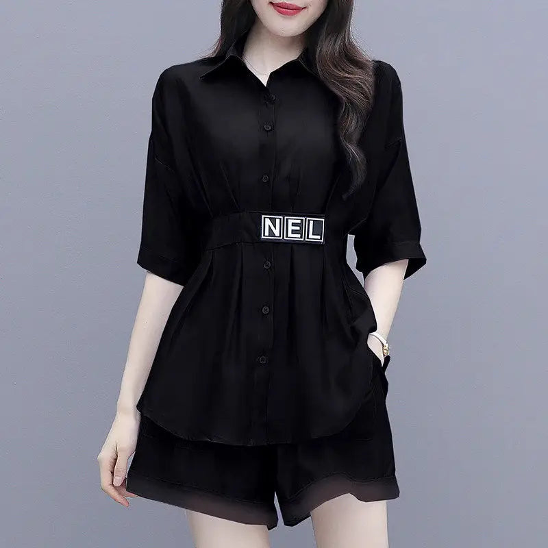 Women Suit 2025 New Summer Crop Top Fashion Korean Casual Two Piece Shorts Sets Medium Length Shirt Wide Leg Pants Party Outfits