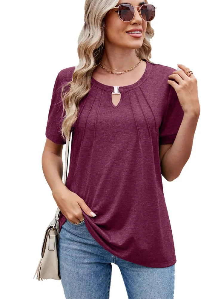 Women's Elegant Hollow Out O-Neck Tops Solid Casual Work Shirt Short Sleeve T Shirt Fashion Women Clothes 2025 Summer New