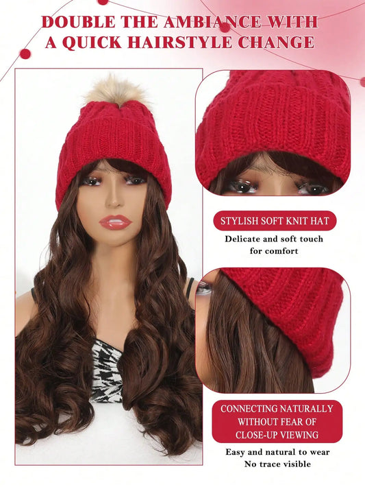 Synthetic Hat Wig Red Warm Knit Hat With Fur Ball With 18 Inch Medium Long Water Wave Hair Extensions For Women And Girls Hat An