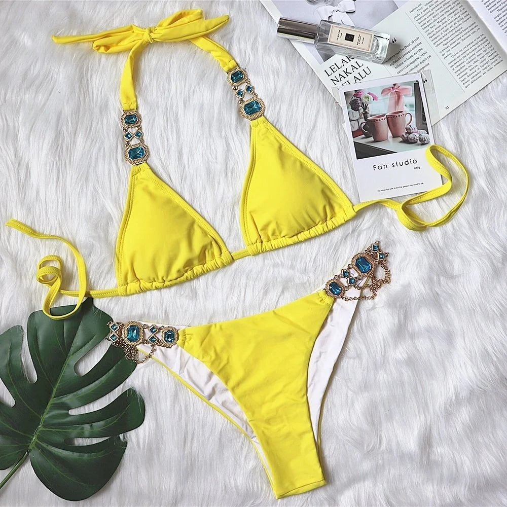 Yellow Bikinis Rhinestones Swimsuits Beach Women Swimwear Push Up Female Bikini Swim Wear Bathing Suits Beachwear Pool Bather