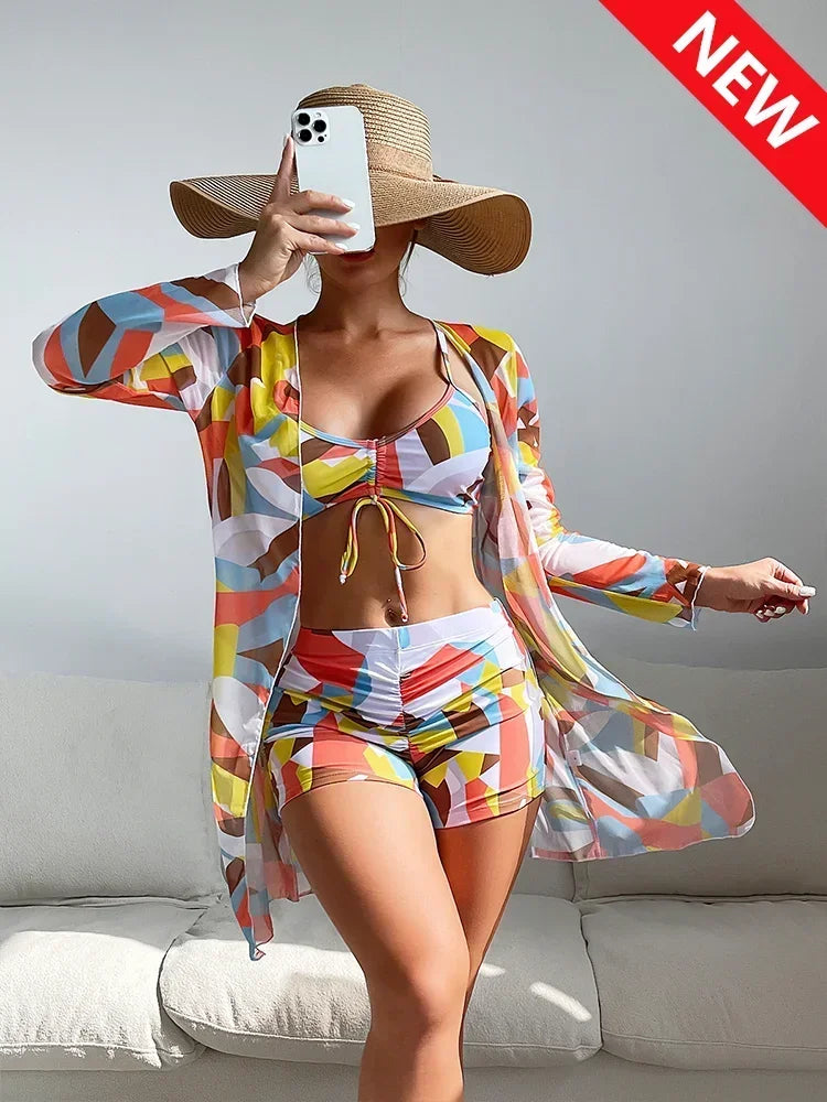 Tropical Allover Print Bikini 3pack Drawstring Ruched Cover Up Women Swimsuit 2023 Long Sleeve Swimwear Beach Wear Bathing Suit