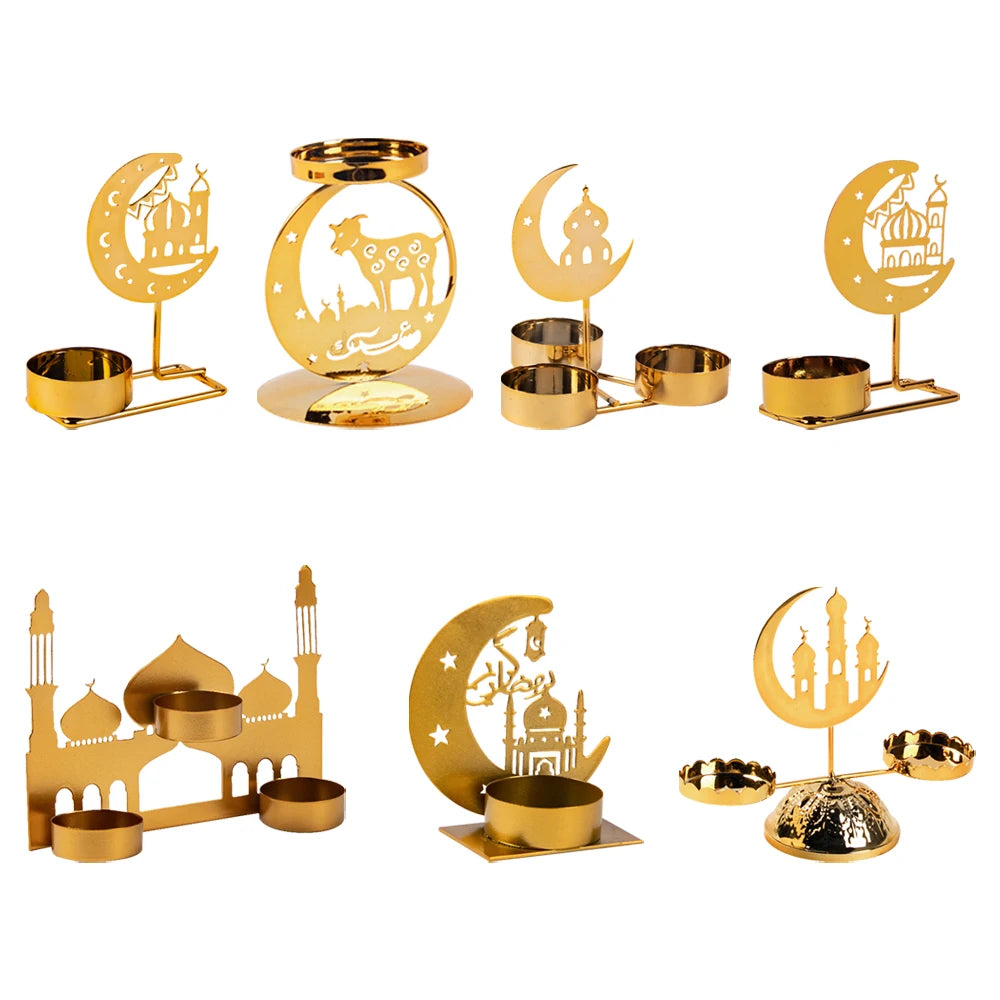Gold Metal Ramadan Moon Shape Candle Holder Eid Mubarak Candlestick Base Dining Table Ornament Islamic Muslim Party Home Decor