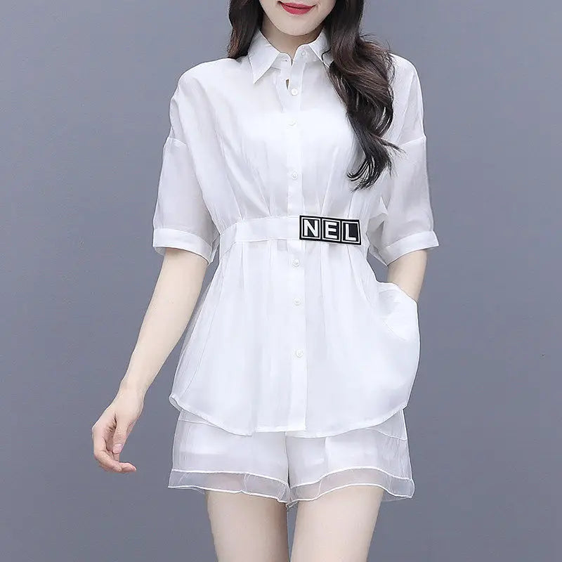 Women Suit 2025 New Summer Crop Top Fashion Korean Casual Two Piece Shorts Sets Medium Length Shirt Wide Leg Pants Party Outfits