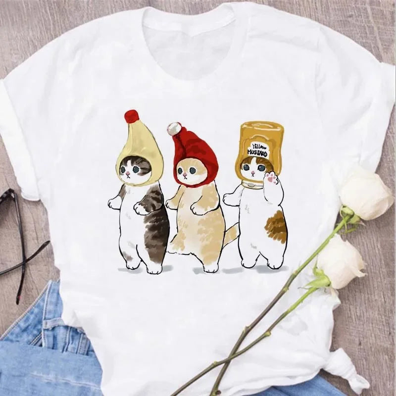 Cute Cats Printing Women T-shirts New Kawaii Women's Tops Fashion Women Clothing Funny Korean Style Creative Casual Clothes Tees