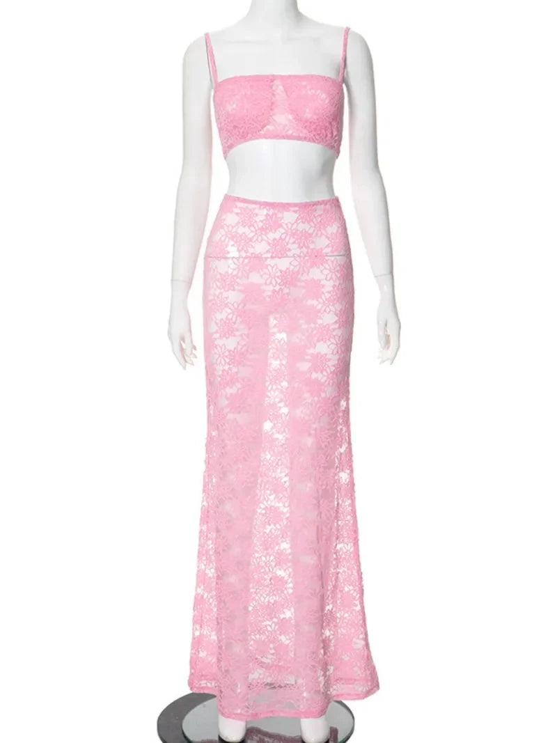 Women's Lace Two Piece Matching Sets Super-short Camisoles Long Skirts Hollow Out Pink Dresses Suit Party Evening Outfit White