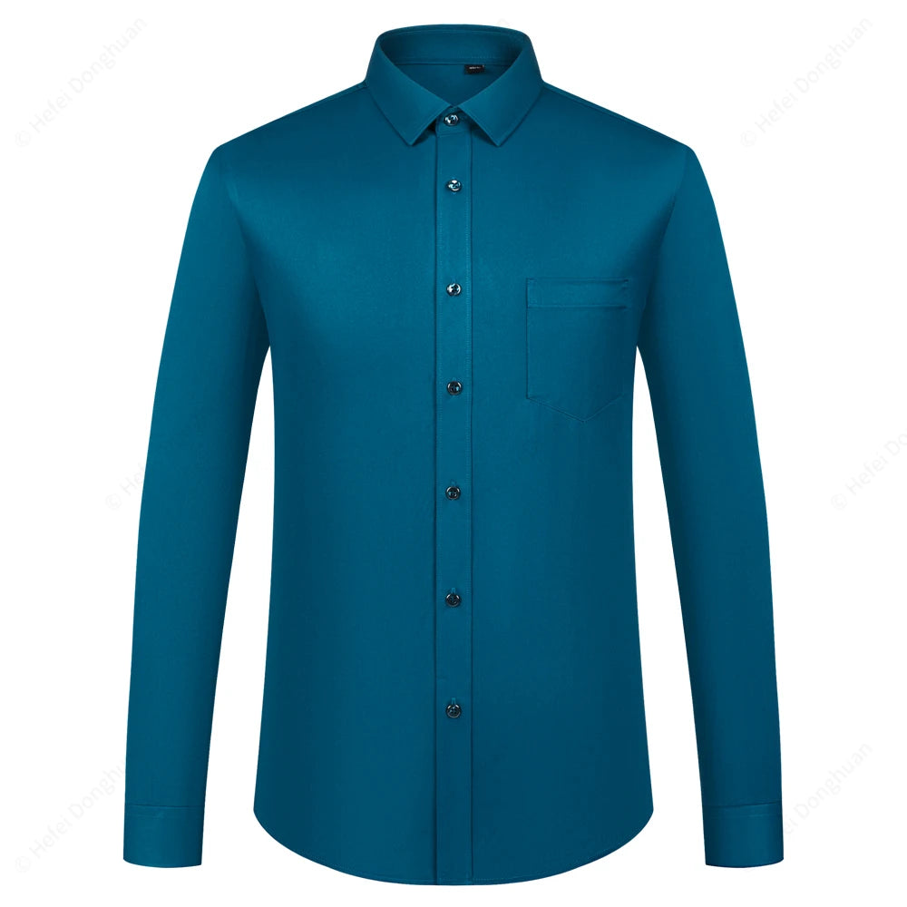 Men‘s Long Sleeve Silk-Like Satin Smooth Formal Shirt, Comfort Slight Stretch Wrinkle-Free Regular Fit Solid Color Dress Shirts