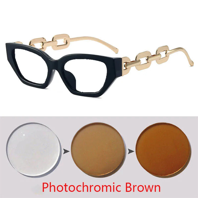 Vintage Small Frame Sunglasses with Chain Legs Cat Eyes Stylish Eyewear Prescription Sunglasses Women 0 -0.5 -0.75 -2.0 To -6.0
