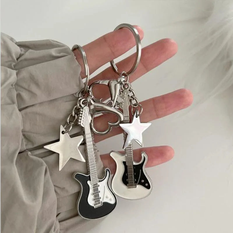 Y2k Guitar Love Heart Key Chain for Men Women Star Sweet Keychain Cool Trendy Fashion Pendant Rock Punk Vintage Accessories Gift
