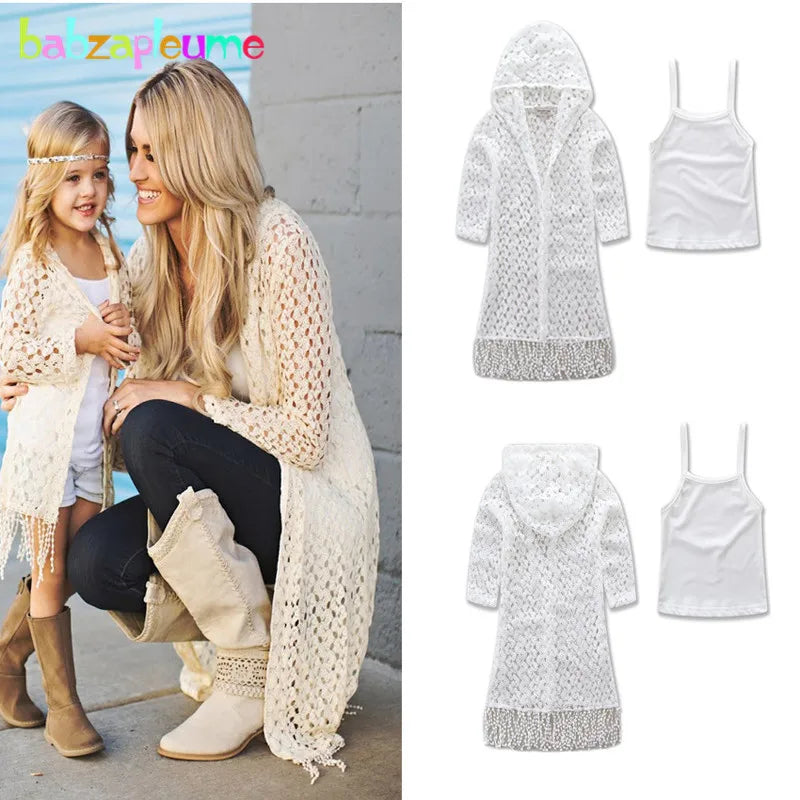 2Piece Spring Summer Family Matching Outfits Mother Daughter Clothes Hooded Girl Coat+White Tops Kids Boutique Clothes BC1040